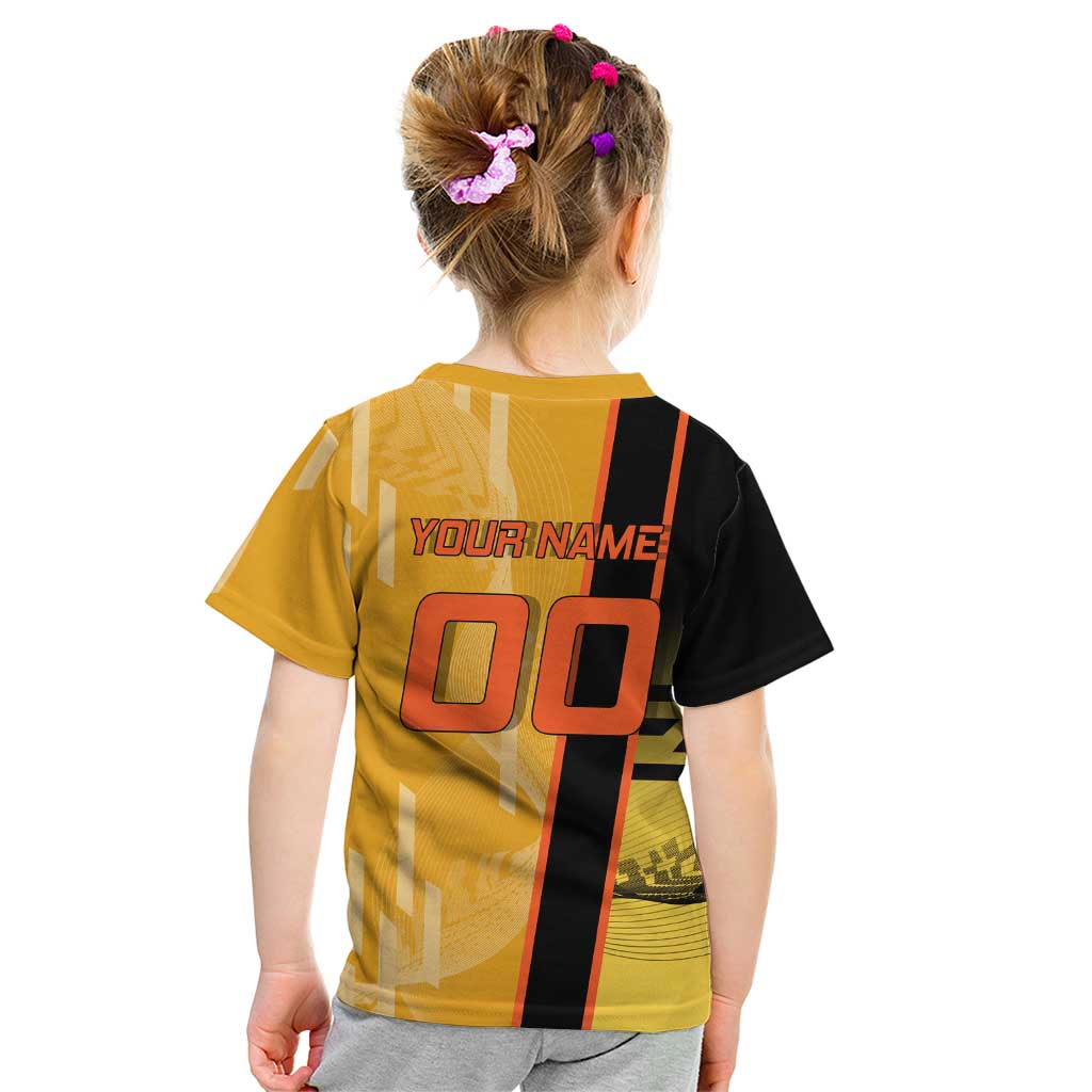 Personalized Rengoku Anime Badminton Theme Kid T Shirt with Racket Action Pose and Fiery Yellow Black Graphic Design - The Mazicc