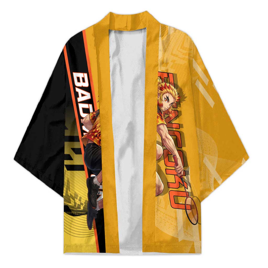 Personalized Rengoku Anime Badminton Theme Kimono with Racket Action Pose and Fiery Yellow Black Graphic Design - The Mazicc