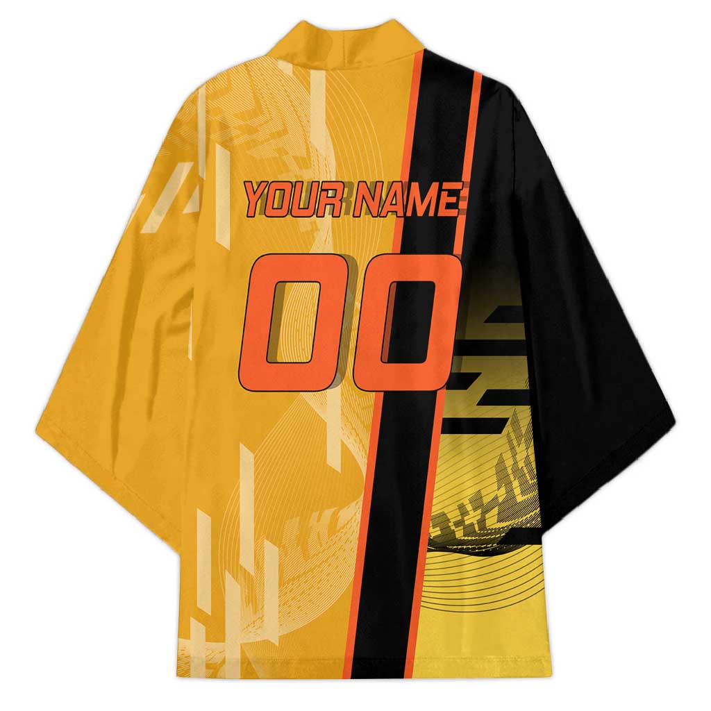 Personalized Rengoku Anime Badminton Theme Kimono with Racket Action Pose and Fiery Yellow Black Graphic Design - The Mazicc
