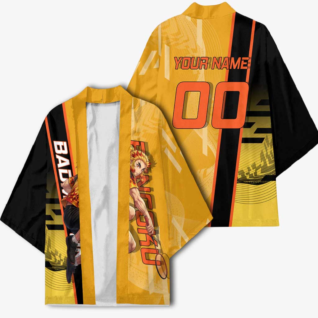 Personalized Rengoku Anime Badminton Theme Kimono with Racket Action Pose and Fiery Yellow Black Graphic Design - The Mazicc