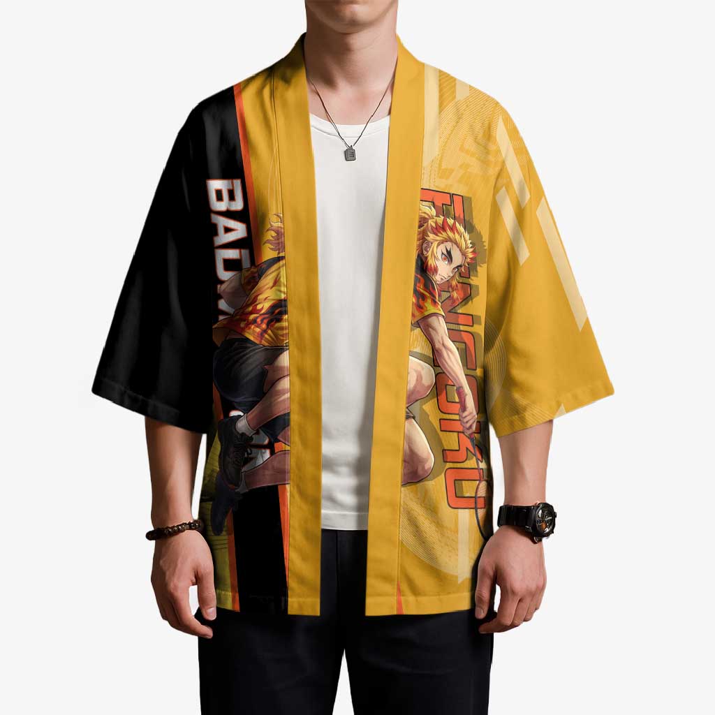 Personalized Rengoku Anime Badminton Theme Kimono with Racket Action Pose and Fiery Yellow Black Graphic Design - The Mazicc