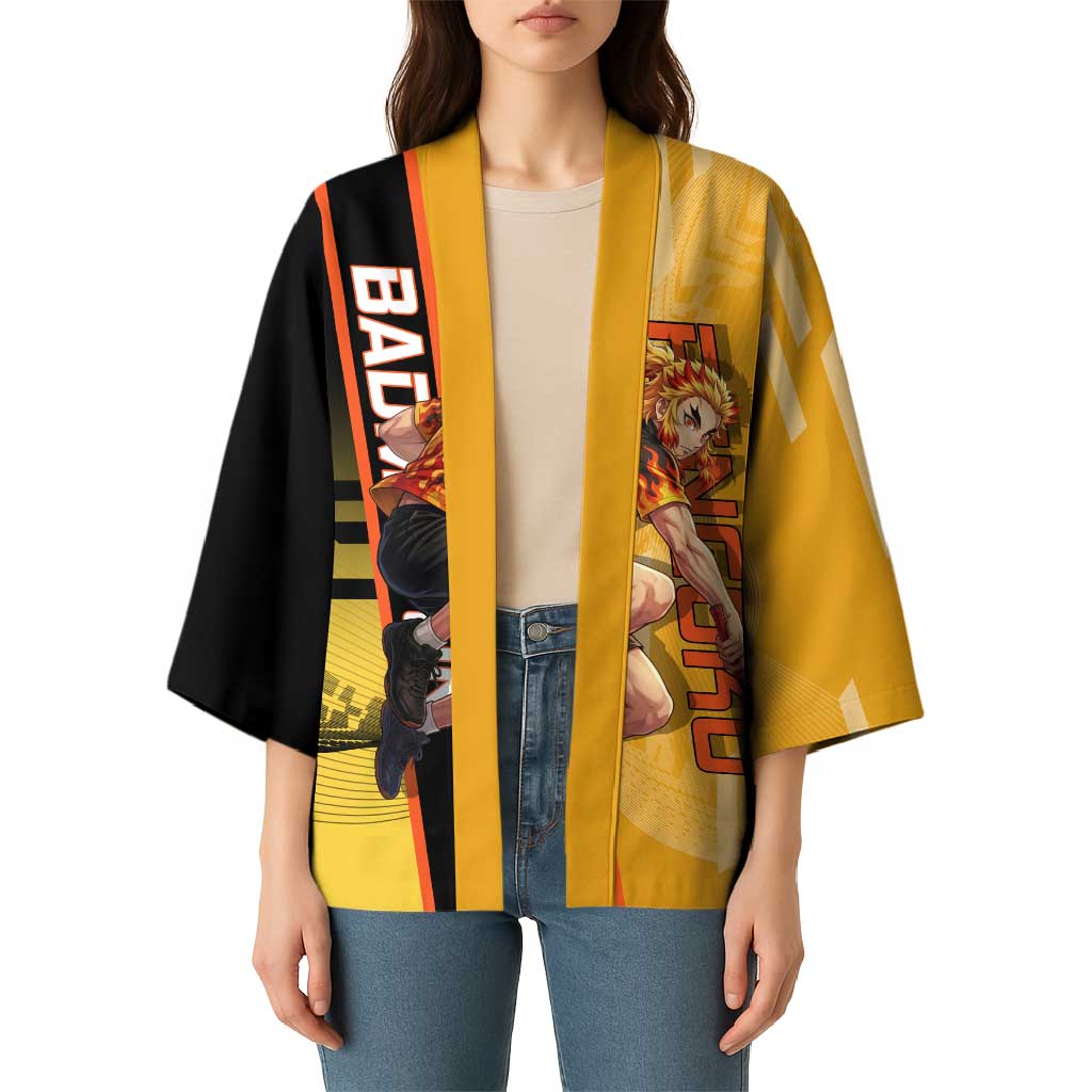 Personalized Rengoku Anime Badminton Theme Kimono with Racket Action Pose and Fiery Yellow Black Graphic Design - The Mazicc
