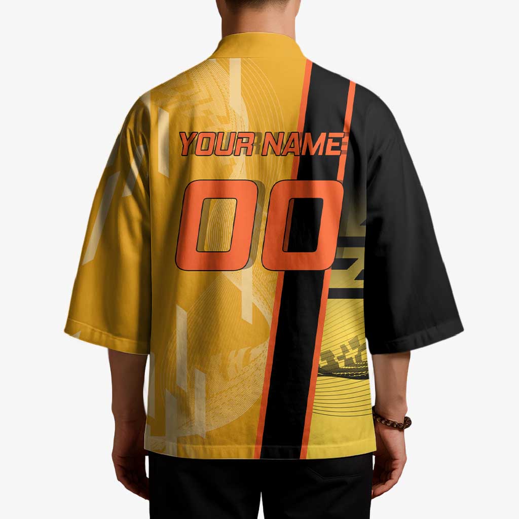Personalized Rengoku Anime Badminton Theme Kimono with Racket Action Pose and Fiery Yellow Black Graphic Design - The Mazicc