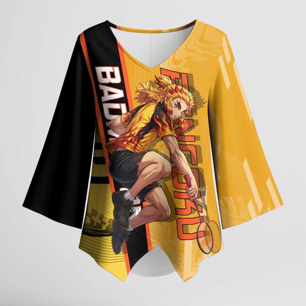Personalized Rengoku Anime Badminton Theme Kimono Sleeve Blouse with Racket Action Pose and Fiery Yellow Black Graphic Design - The Mazicc