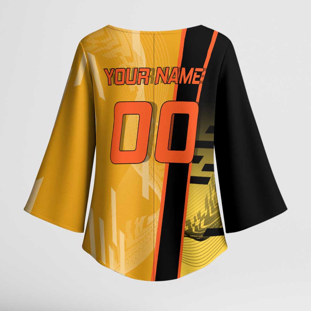 Personalized Rengoku Anime Badminton Theme Kimono Sleeve Blouse with Racket Action Pose and Fiery Yellow Black Graphic Design - The Mazicc