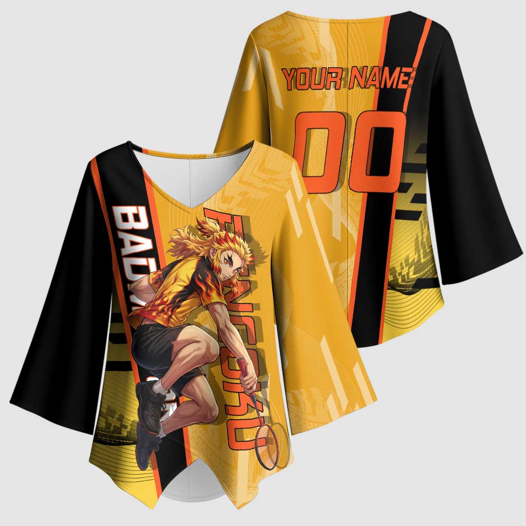 Personalized Rengoku Anime Badminton Theme Kimono Sleeve Blouse with Racket Action Pose and Fiery Yellow Black Graphic Design - The Mazicc
