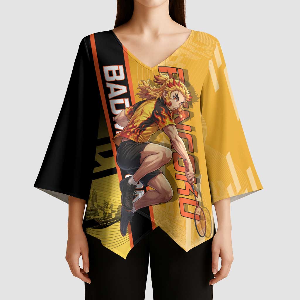 Personalized Rengoku Anime Badminton Theme Kimono Sleeve Blouse with Racket Action Pose and Fiery Yellow Black Graphic Design - The Mazicc
