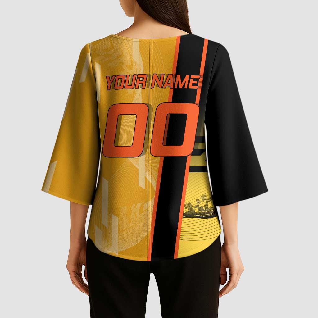 Personalized Rengoku Anime Badminton Theme Kimono Sleeve Blouse with Racket Action Pose and Fiery Yellow Black Graphic Design - The Mazicc
