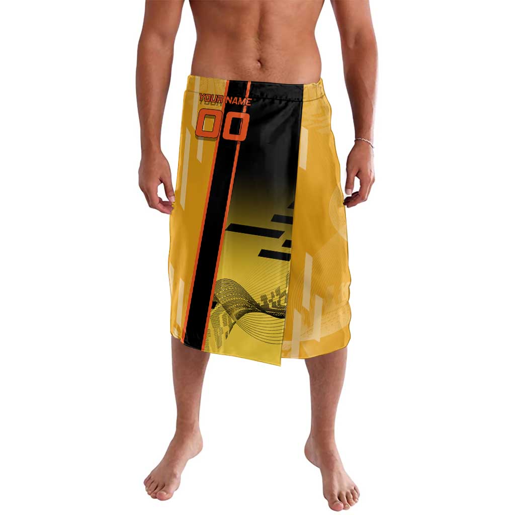 Personalized Rengoku Anime Badminton Theme Lavalava with Racket Action Pose and Fiery Yellow Black Graphic Design - The Mazicc