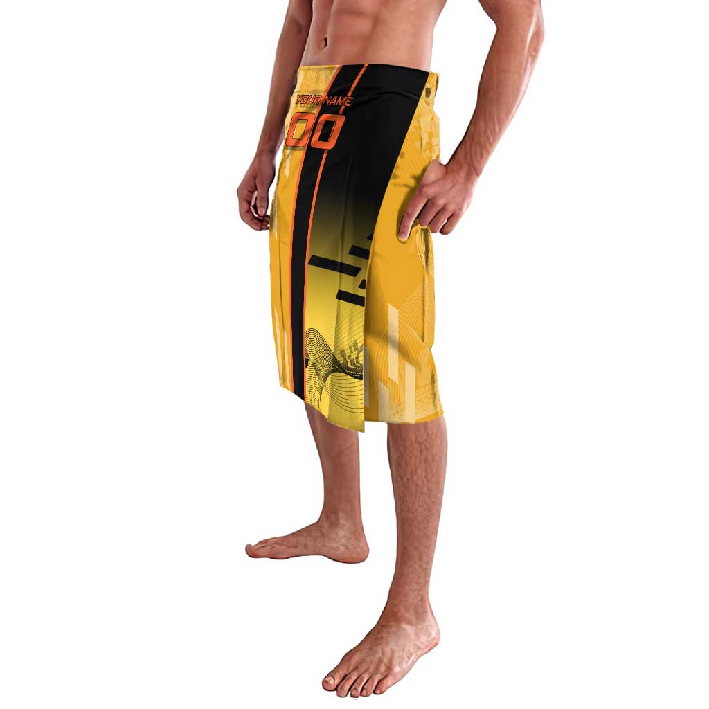 Personalized Rengoku Anime Badminton Theme Lavalava with Racket Action Pose and Fiery Yellow Black Graphic Design - The Mazicc