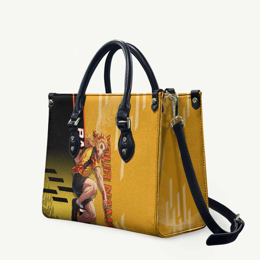 Personalized Rengoku Anime Badminton Theme Leather Bag with Racket Action Pose and Fiery Yellow Black Graphic Design - The Mazicc