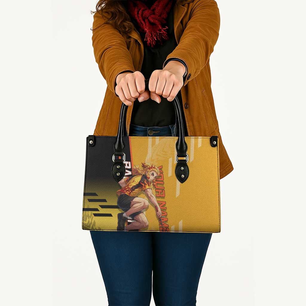 Personalized Rengoku Anime Badminton Theme Leather Bag with Racket Action Pose and Fiery Yellow Black Graphic Design - The Mazicc