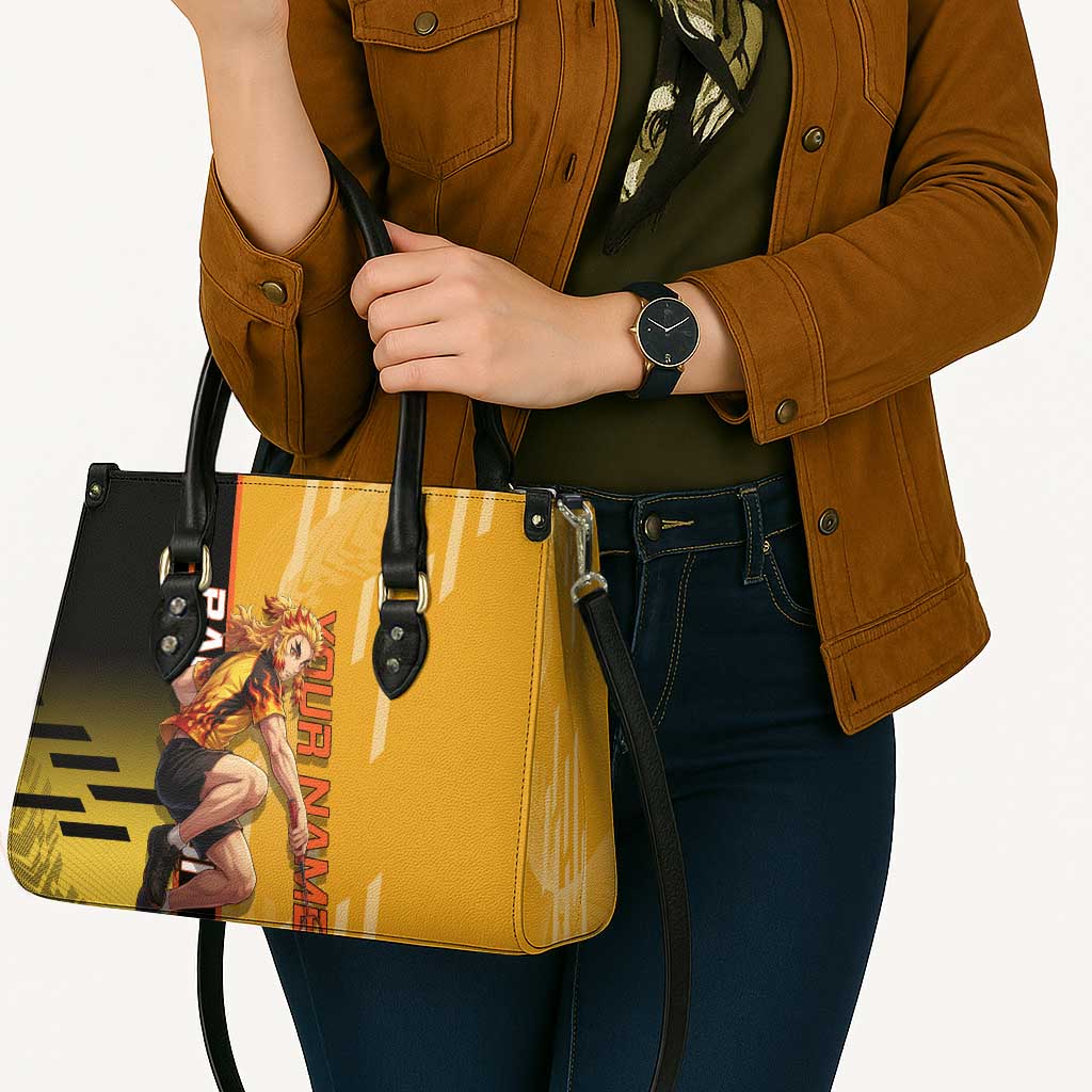 Personalized Rengoku Anime Badminton Theme Leather Bag with Racket Action Pose and Fiery Yellow Black Graphic Design - The Mazicc