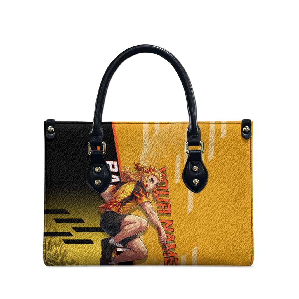 Personalized Rengoku Anime Badminton Theme Leather Bag with Racket Action Pose and Fiery Yellow Black Graphic Design - The Mazicc