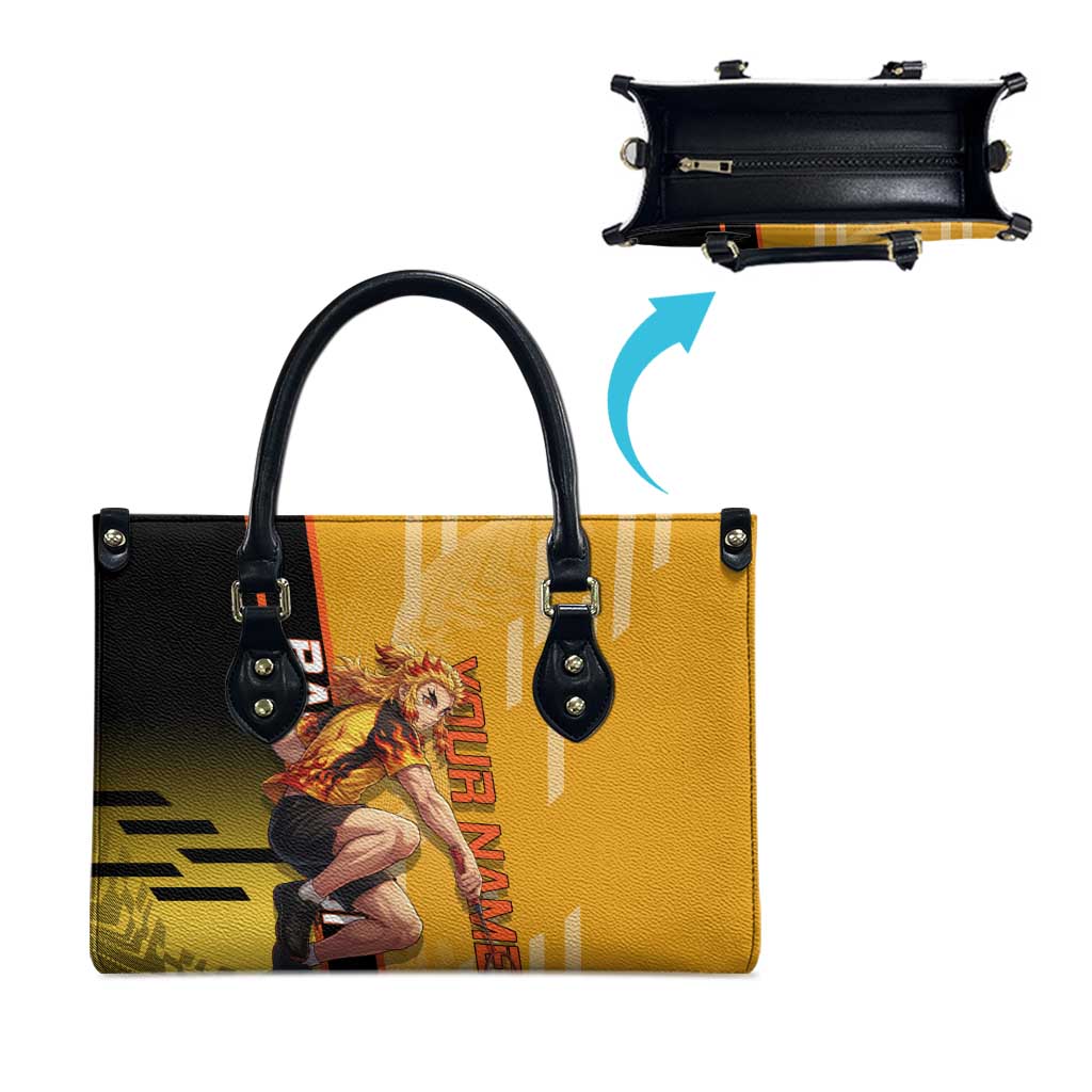 Personalized Rengoku Anime Badminton Theme Leather Bag with Racket Action Pose and Fiery Yellow Black Graphic Design - The Mazicc