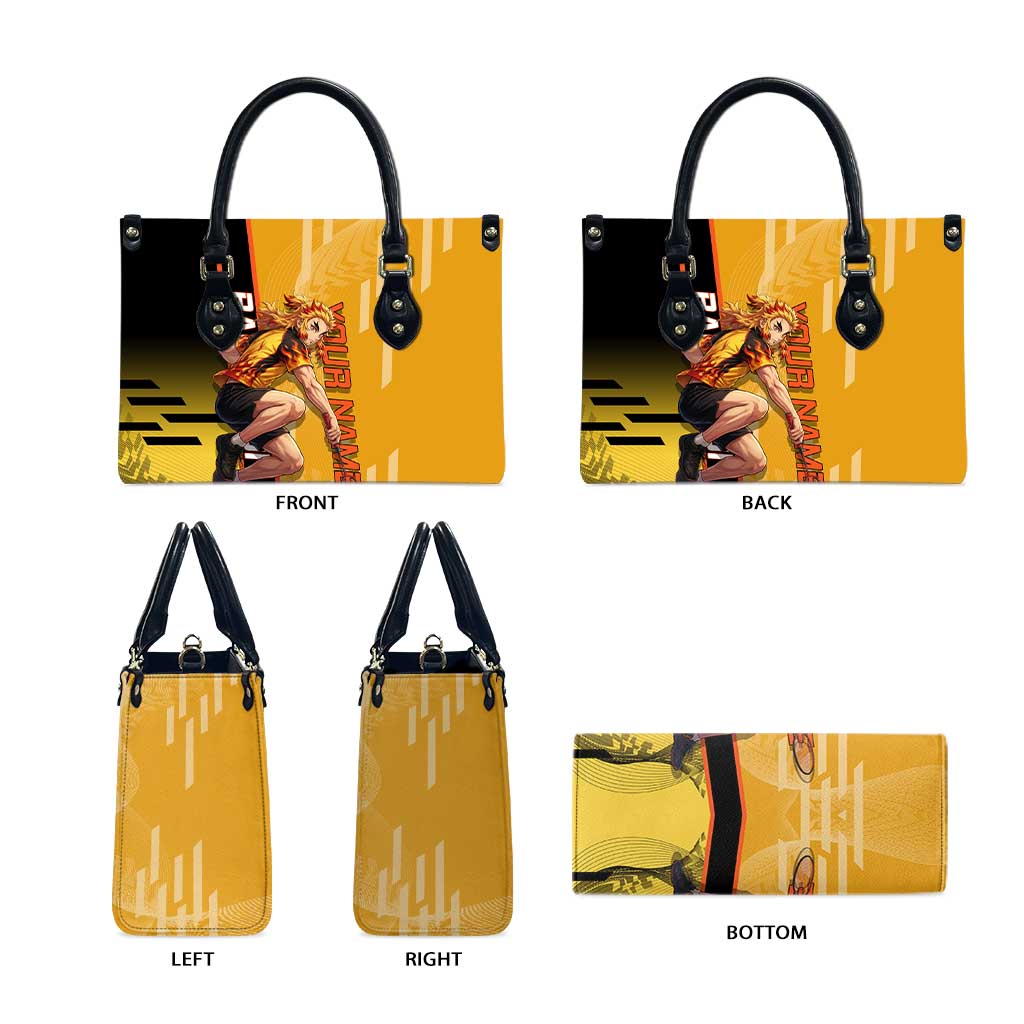 Personalized Rengoku Anime Badminton Theme Leather Bag with Racket Action Pose and Fiery Yellow Black Graphic Design - The Mazicc