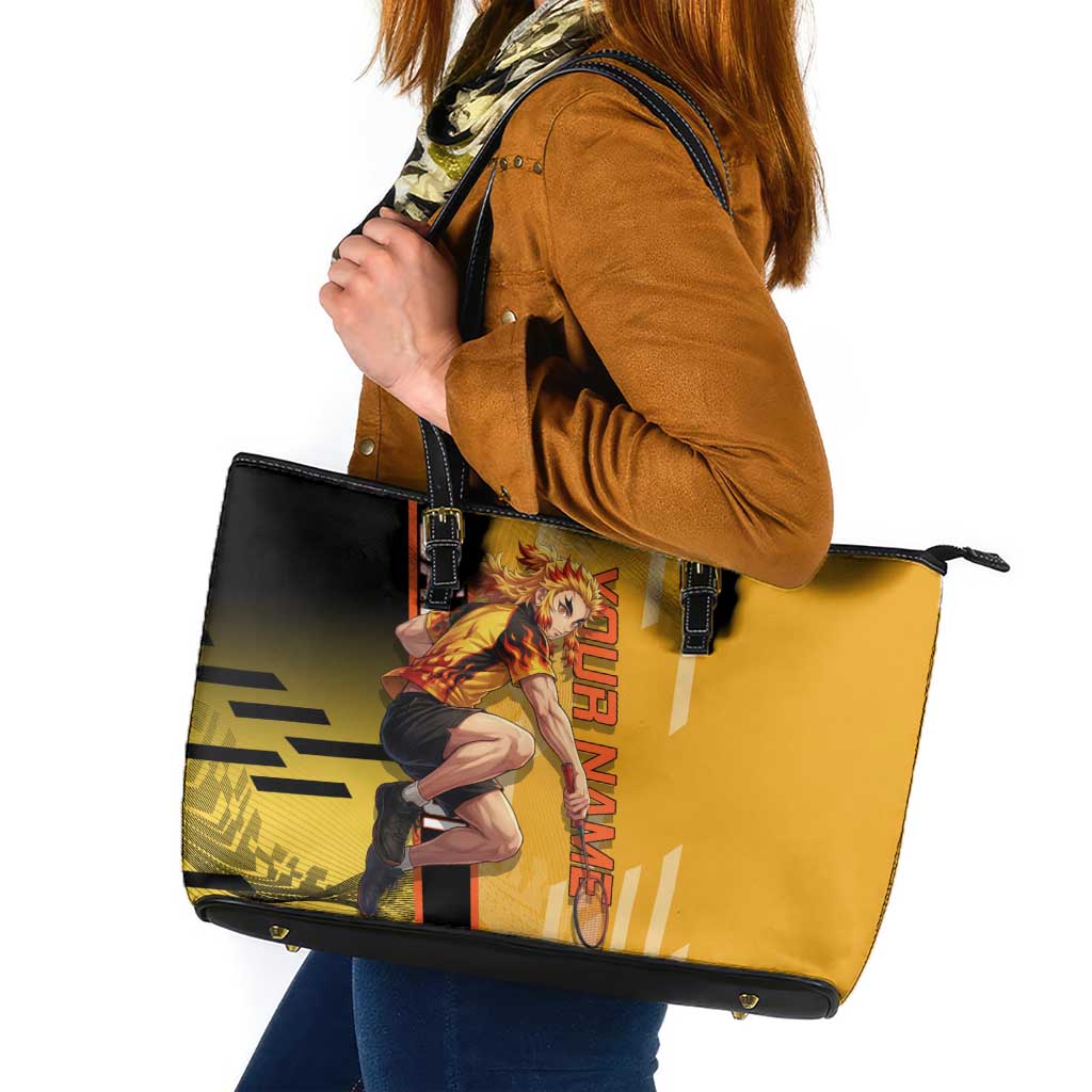 Personalized Rengoku Anime Badminton Theme Leather Tote Bag with Racket Action Pose and Fiery Yellow Black Graphic Design - The Mazicc