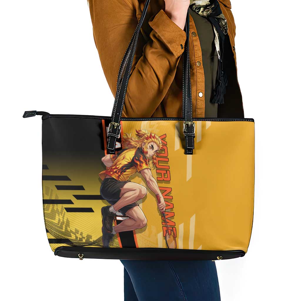 Personalized Rengoku Anime Badminton Theme Leather Tote Bag with Racket Action Pose and Fiery Yellow Black Graphic Design - The Mazicc