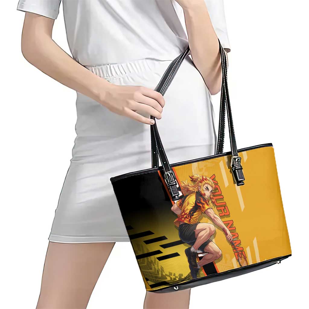 Personalized Rengoku Anime Badminton Theme Leather Tote Bag with Racket Action Pose and Fiery Yellow Black Graphic Design - The Mazicc