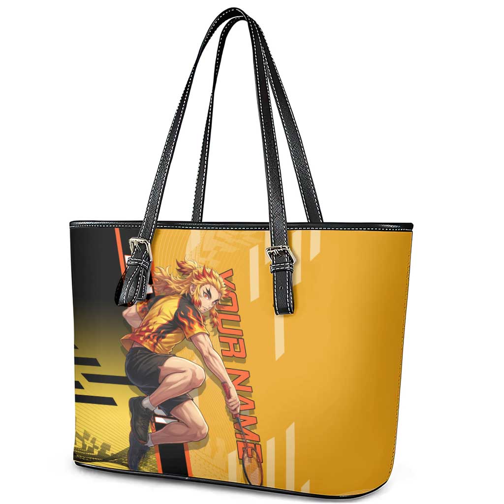 Personalized Rengoku Anime Badminton Theme Leather Tote Bag with Racket Action Pose and Fiery Yellow Black Graphic Design - The Mazicc