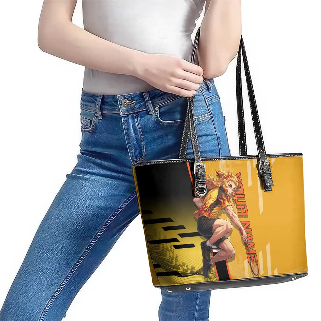 Personalized Rengoku Anime Badminton Theme Leather Tote Bag with Racket Action Pose and Fiery Yellow Black Graphic Design - The Mazicc