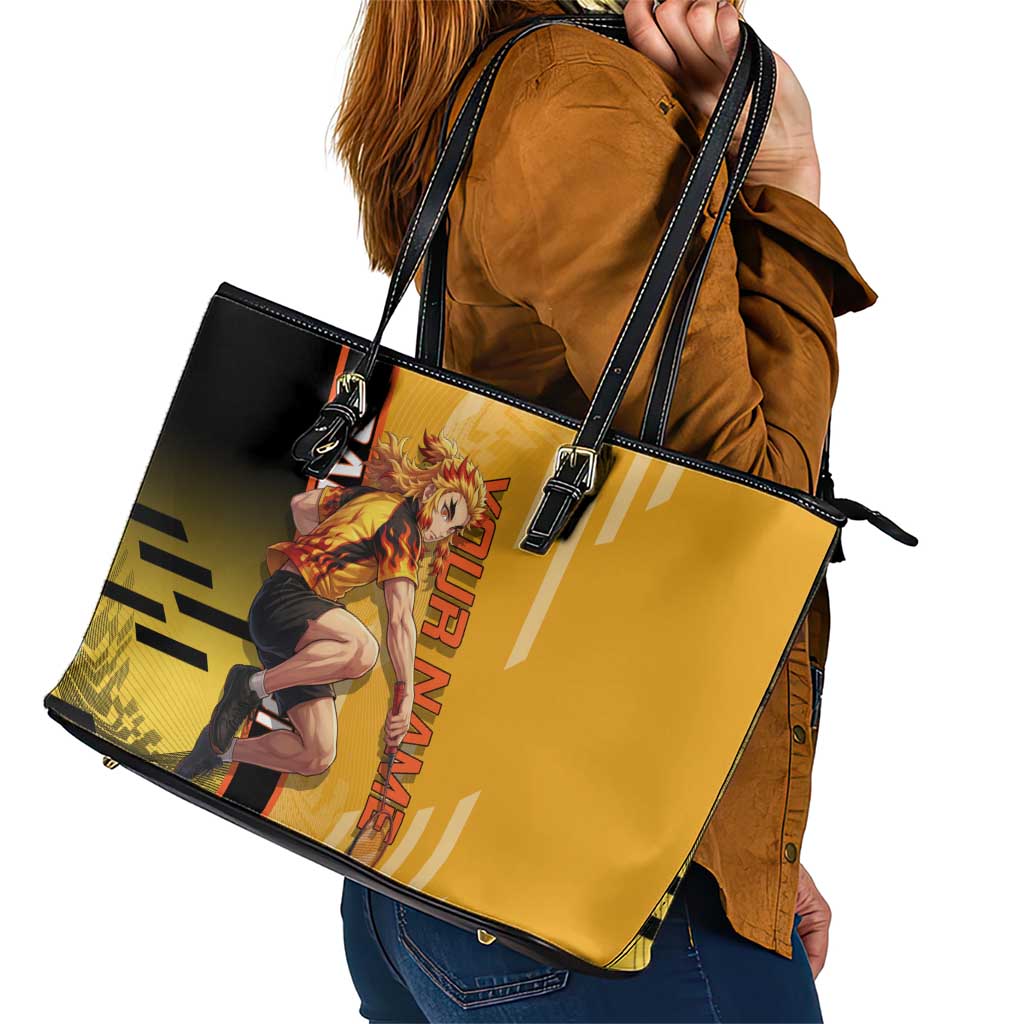 Personalized Rengoku Anime Badminton Theme Leather Tote Bag with Racket Action Pose and Fiery Yellow Black Graphic Design - The Mazicc