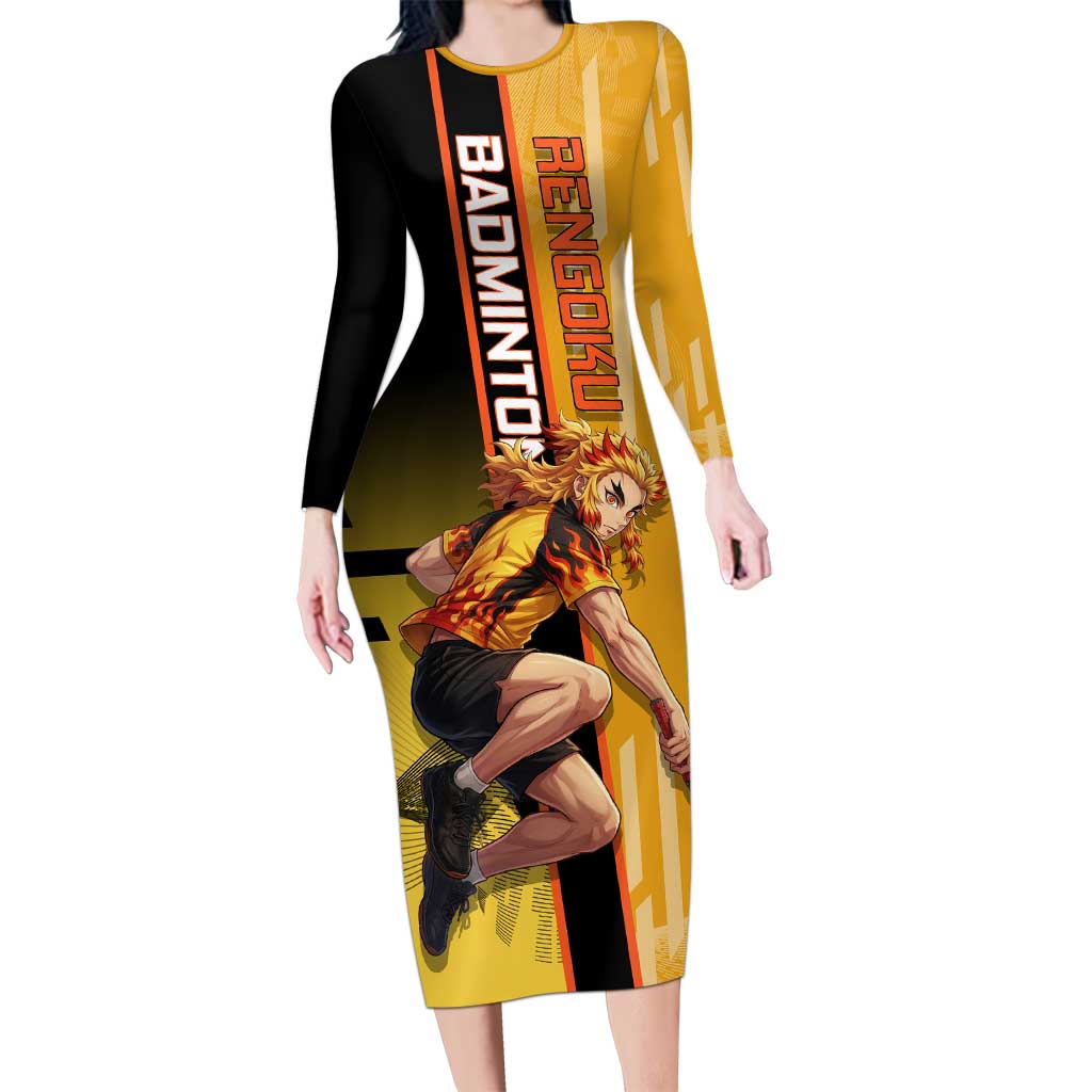 Personalized Rengoku Anime Badminton Theme Long Sleeve Bodycon Dress with Racket Action Pose and Fiery Yellow Black Graphic Design - The Mazicc