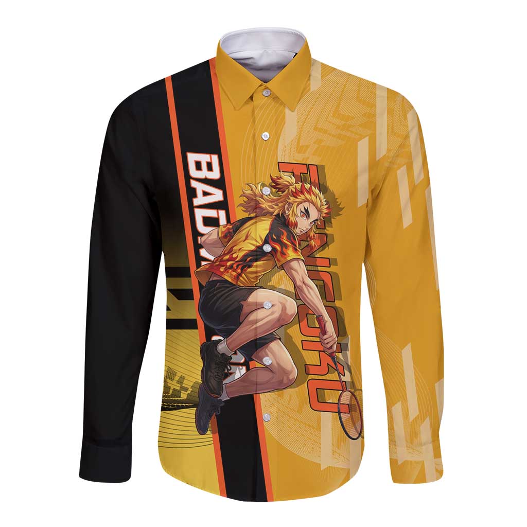 Personalized Rengoku Anime Badminton Theme Long Sleeve Button Shirt with Racket Action Pose and Fiery Yellow Black Graphic Design - The Mazicc