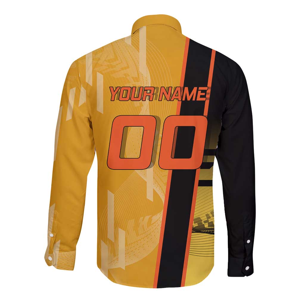 Personalized Rengoku Anime Badminton Theme Long Sleeve Button Shirt with Racket Action Pose and Fiery Yellow Black Graphic Design - The Mazicc