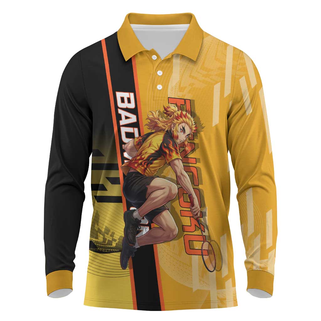 Personalized Rengoku Anime Badminton Theme Long Sleeve Polo Shirt with Racket Action Pose and Fiery Yellow Black Graphic Design - The Mazicc