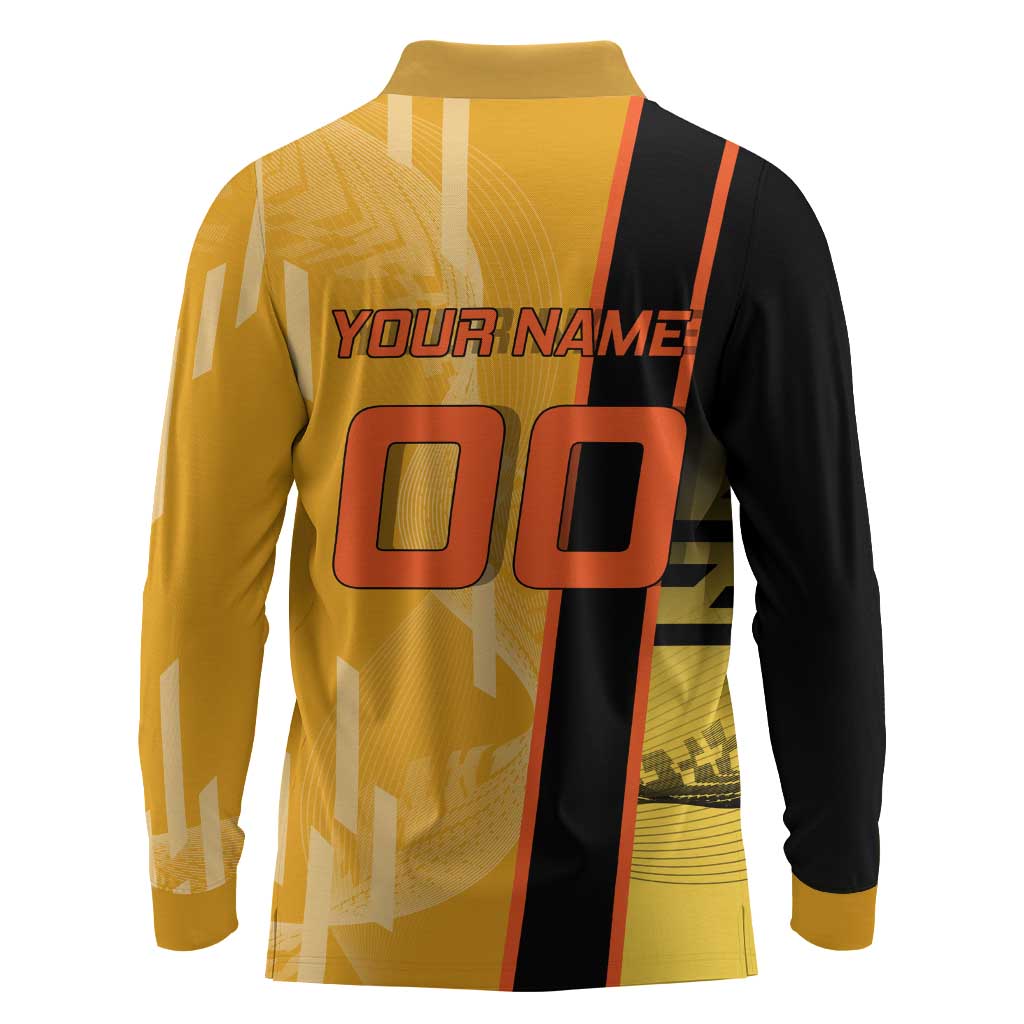 Personalized Rengoku Anime Badminton Theme Long Sleeve Polo Shirt with Racket Action Pose and Fiery Yellow Black Graphic Design - The Mazicc