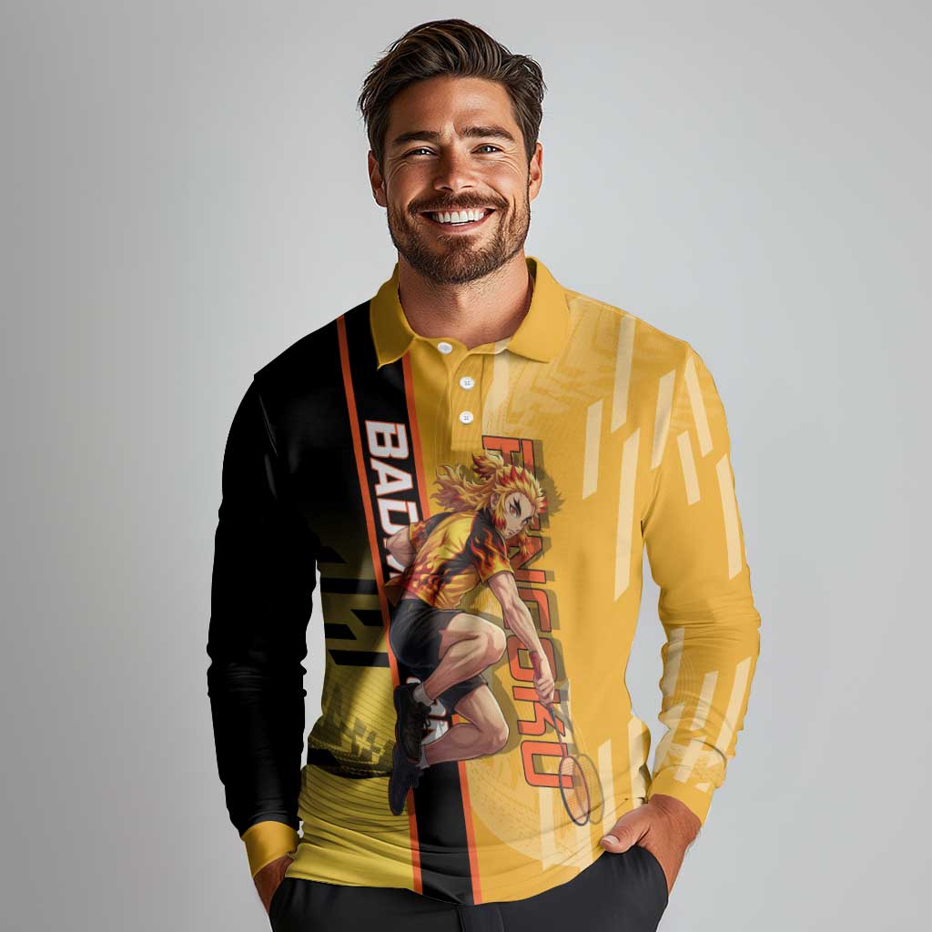 Personalized Rengoku Anime Badminton Theme Long Sleeve Polo Shirt with Racket Action Pose and Fiery Yellow Black Graphic Design - The Mazicc