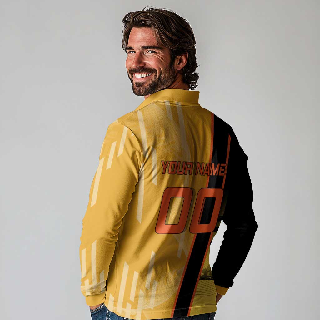 Personalized Rengoku Anime Badminton Theme Long Sleeve Polo Shirt with Racket Action Pose and Fiery Yellow Black Graphic Design - The Mazicc