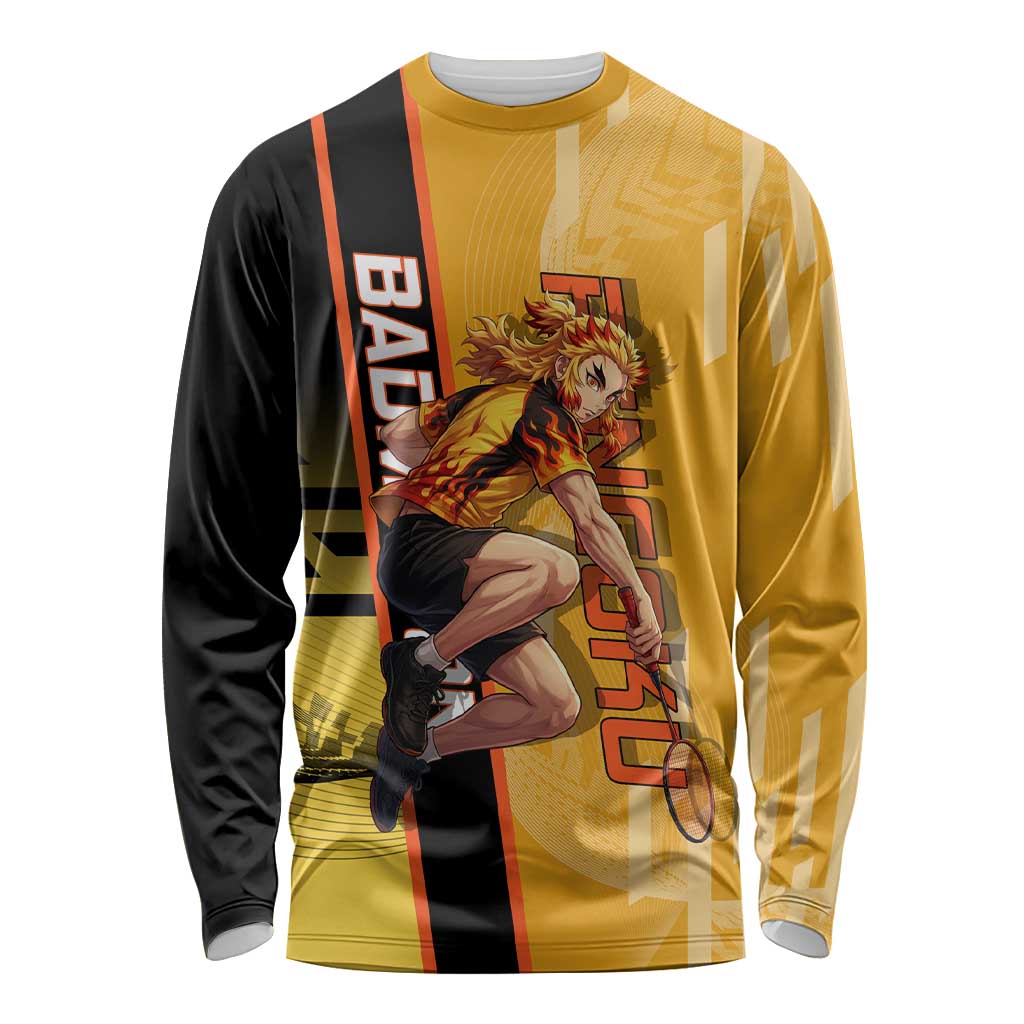 Personalized Rengoku Anime Badminton Theme Long Sleeve Shirt with Racket Action Pose and Fiery Yellow Black Graphic Design - The Mazicc