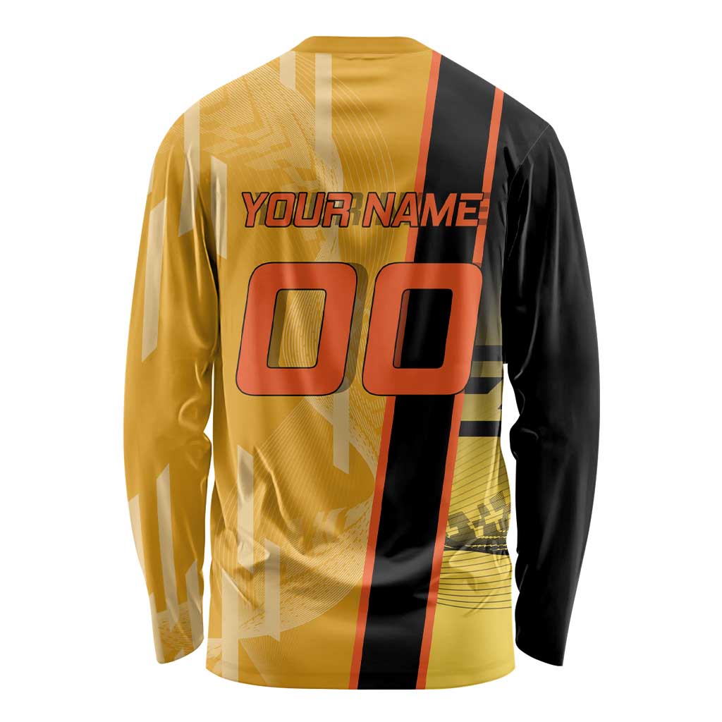 Personalized Rengoku Anime Badminton Theme Long Sleeve Shirt with Racket Action Pose and Fiery Yellow Black Graphic Design - The Mazicc