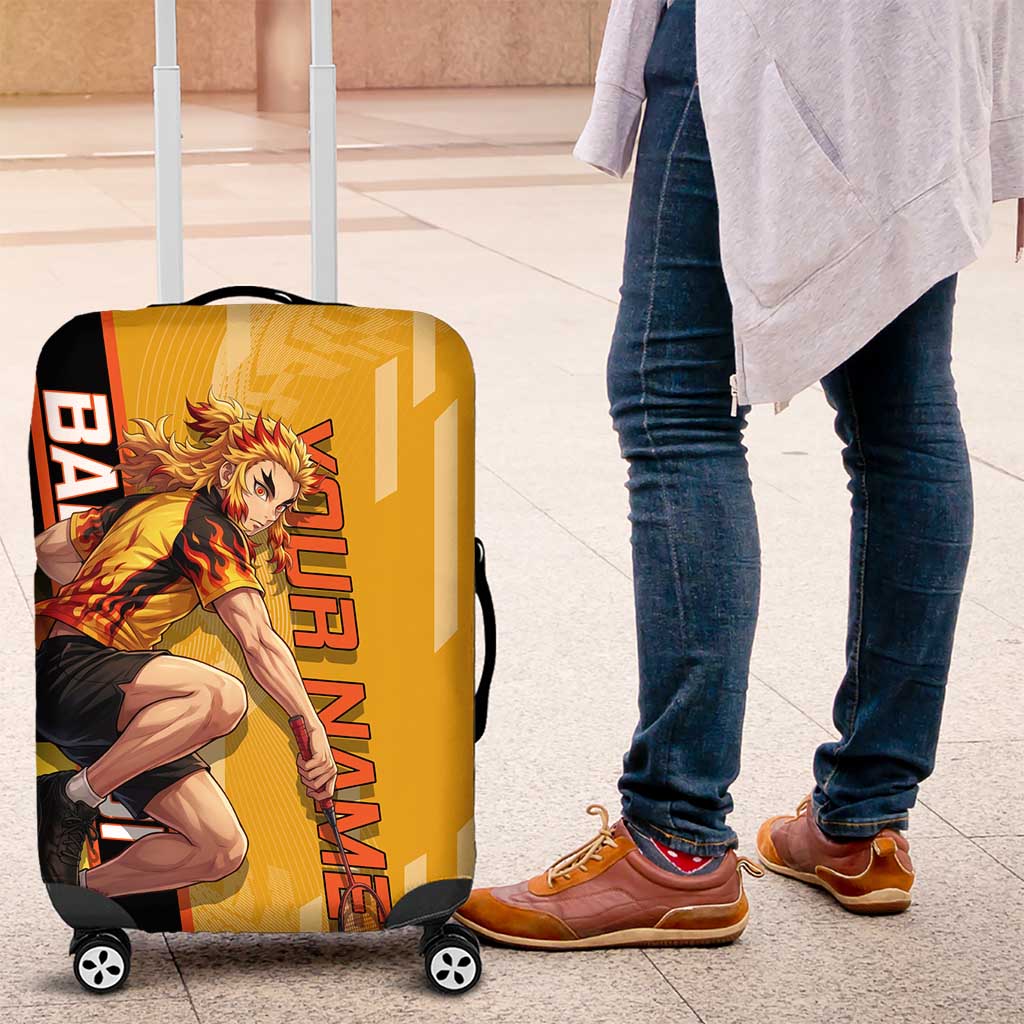 Personalized Rengoku Anime Badminton Theme Luggage Cover with Racket Action Pose and Fiery Yellow Black Graphic Design - The Mazicc