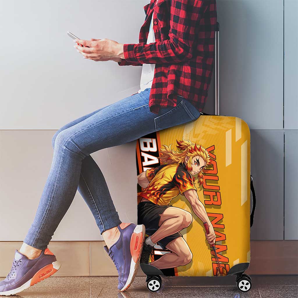 Personalized Rengoku Anime Badminton Theme Luggage Cover with Racket Action Pose and Fiery Yellow Black Graphic Design - The Mazicc