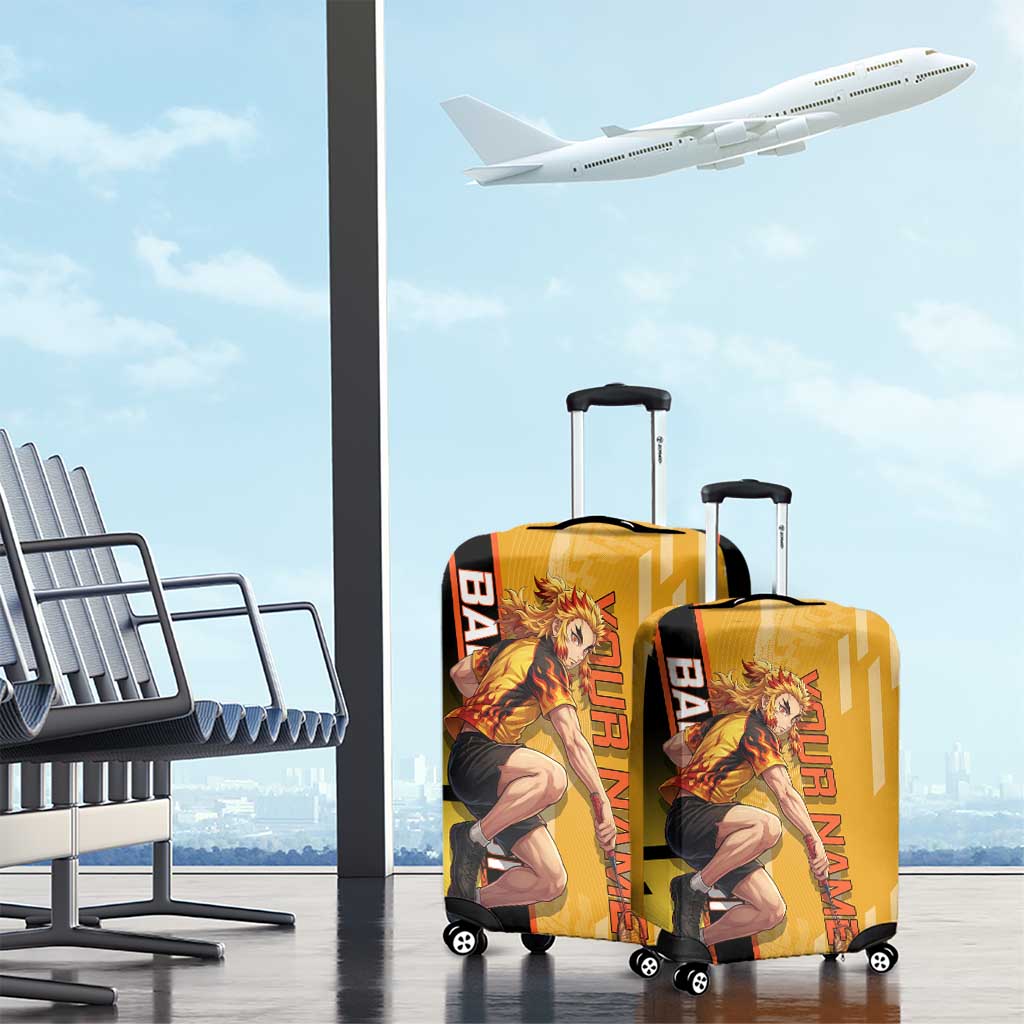 Personalized Rengoku Anime Badminton Theme Luggage Cover with Racket Action Pose and Fiery Yellow Black Graphic Design - The Mazicc