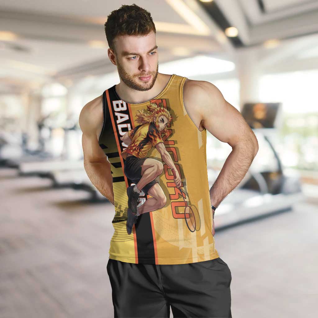Personalized Rengoku Anime Badminton Theme Men Tank Top with Racket Action Pose and Fiery Yellow Black Graphic Design - The Mazicc