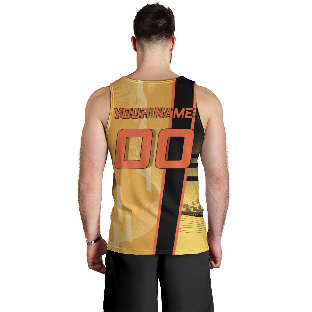 Personalized Rengoku Anime Badminton Theme Men Tank Top with Racket Action Pose and Fiery Yellow Black Graphic Design - The Mazicc