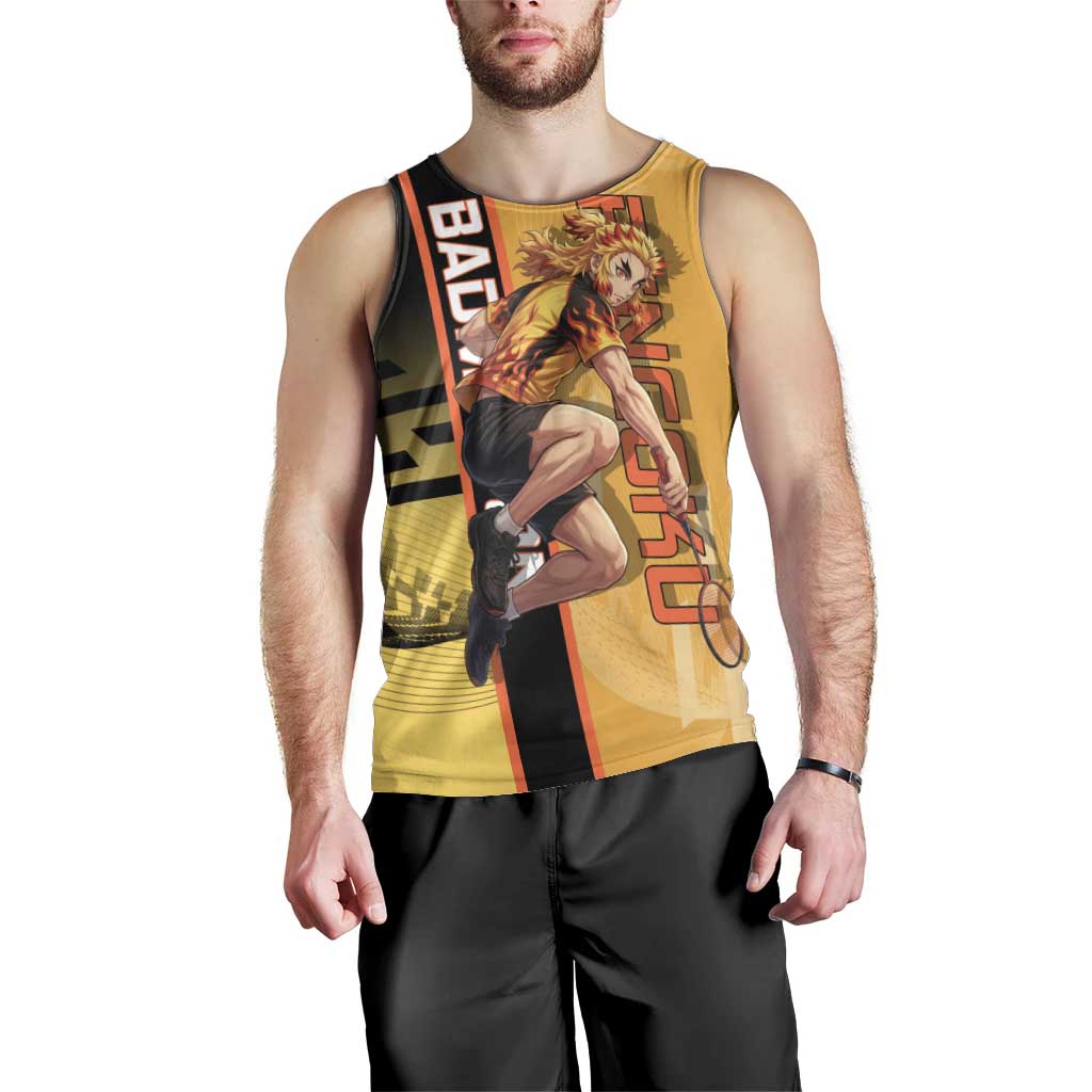 Personalized Rengoku Anime Badminton Theme Men Tank Top with Racket Action Pose and Fiery Yellow Black Graphic Design - The Mazicc