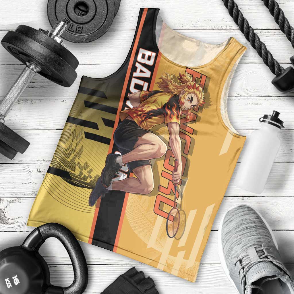 Personalized Rengoku Anime Badminton Theme Men Tank Top with Racket Action Pose and Fiery Yellow Black Graphic Design - The Mazicc