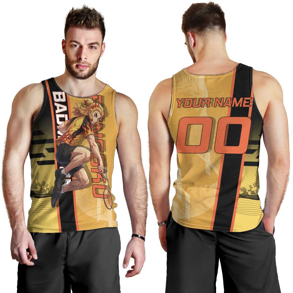 Personalized Rengoku Anime Badminton Theme Men Tank Top with Racket Action Pose and Fiery Yellow Black Graphic Design - The Mazicc