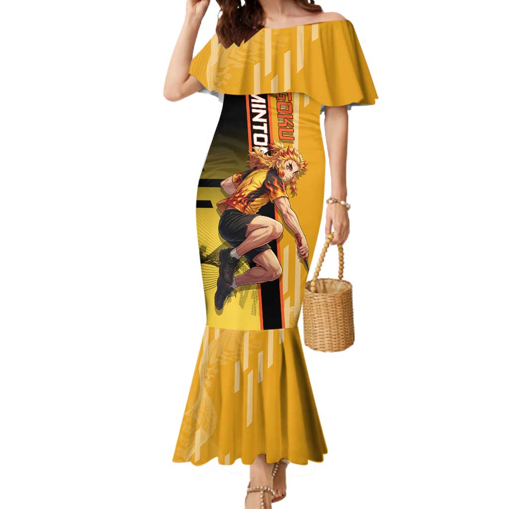 Personalized Rengoku Anime Badminton Theme Mermaid Dress with Racket Action Pose and Fiery Yellow Black Graphic Design - The Mazicc