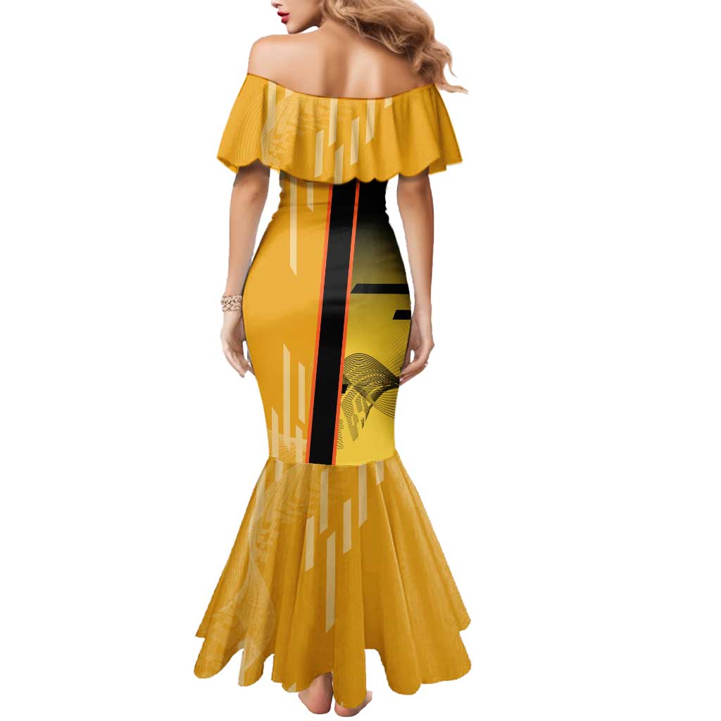 Personalized Rengoku Anime Badminton Theme Mermaid Dress with Racket Action Pose and Fiery Yellow Black Graphic Design - The Mazicc
