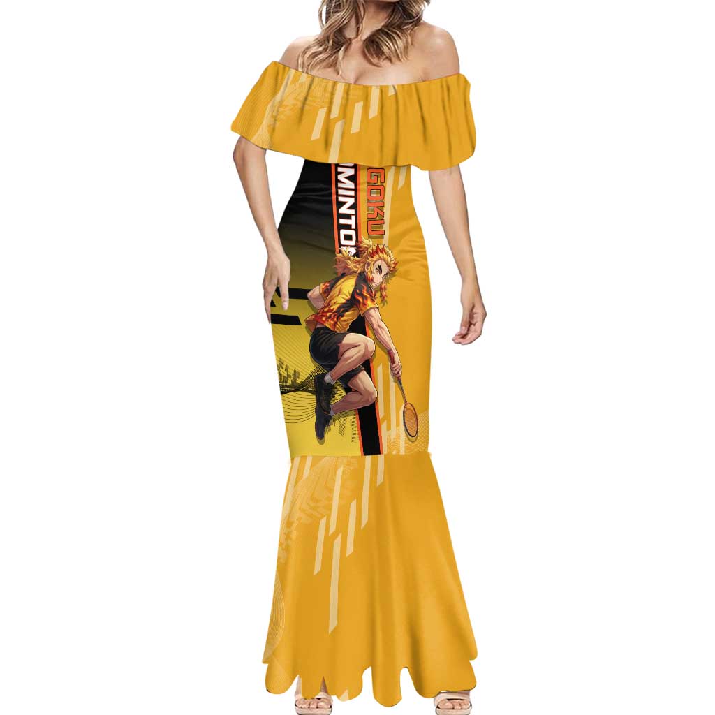 Personalized Rengoku Anime Badminton Theme Mermaid Dress with Racket Action Pose and Fiery Yellow Black Graphic Design - The Mazicc