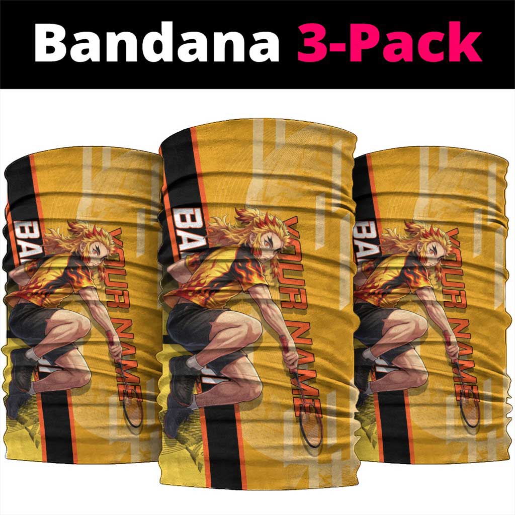 Personalized Rengoku Anime Badminton Theme Neck Gaiter with Racket Action Pose and Fiery Yellow Black Graphic Design - The Mazicc