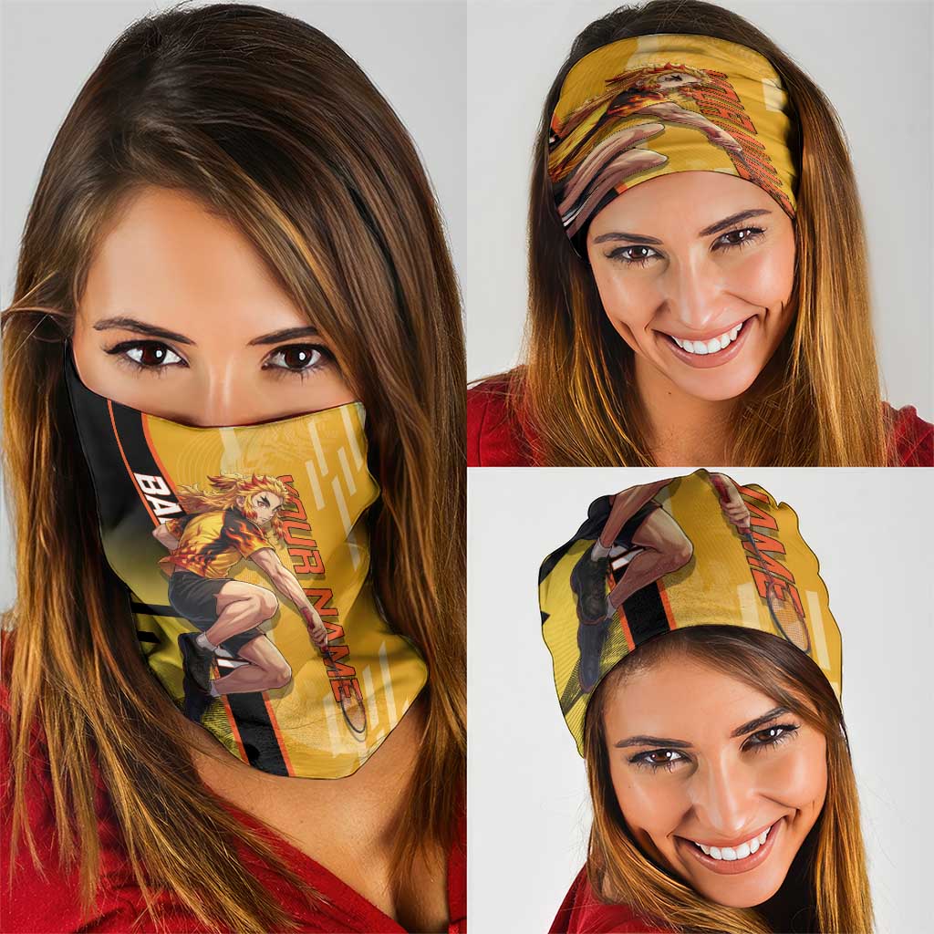 Personalized Rengoku Anime Badminton Theme Neck Gaiter with Racket Action Pose and Fiery Yellow Black Graphic Design - The Mazicc