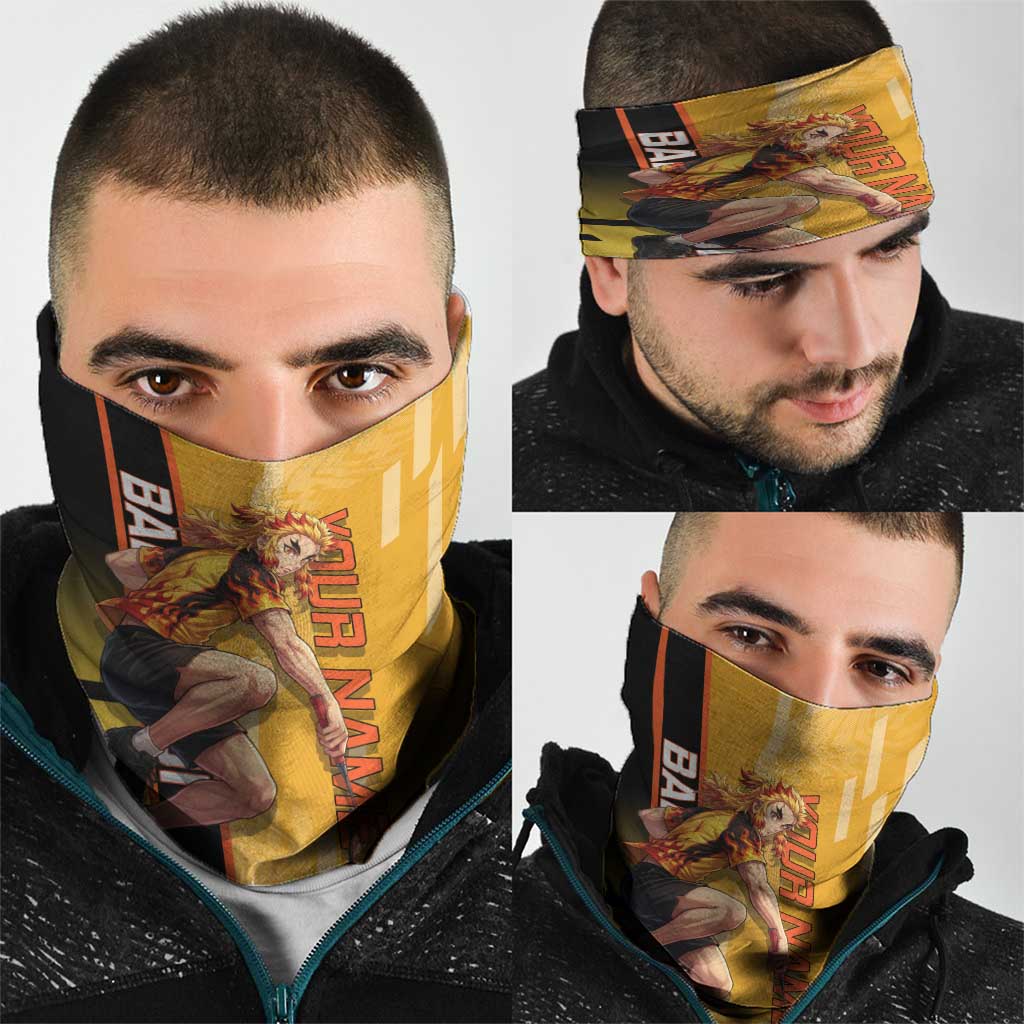 Personalized Rengoku Anime Badminton Theme Neck Gaiter with Racket Action Pose and Fiery Yellow Black Graphic Design - The Mazicc