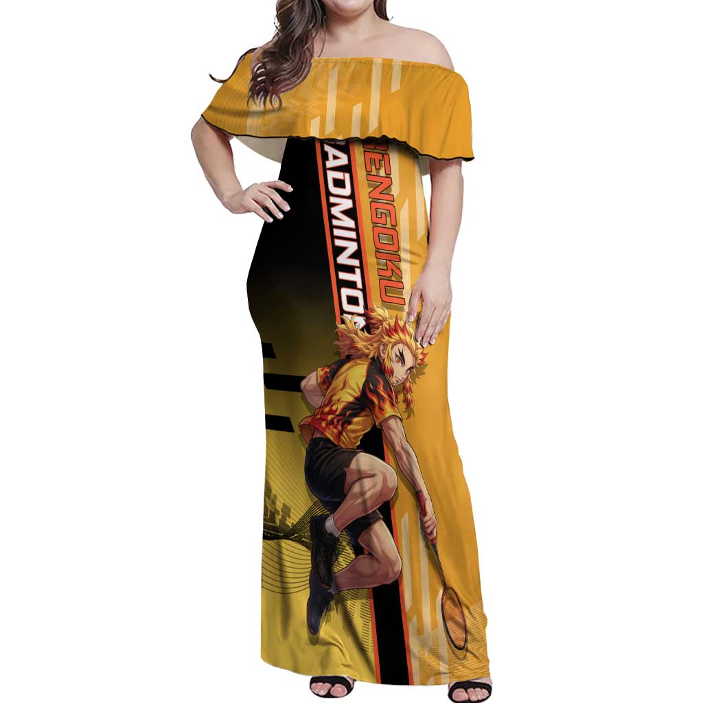 Personalized Rengoku Anime Badminton Theme Off Shoulder Maxi Dress with Racket Action Pose and Fiery Yellow Black Graphic Design - The Mazicc
